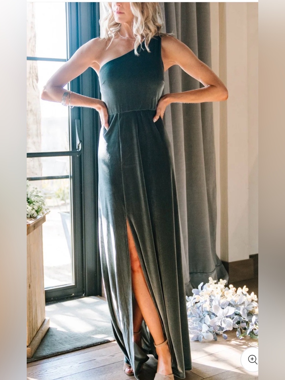 Baltic Born Tatiana Velvet One Shoulder Maxi Dress Eucalyptus Green Slit M